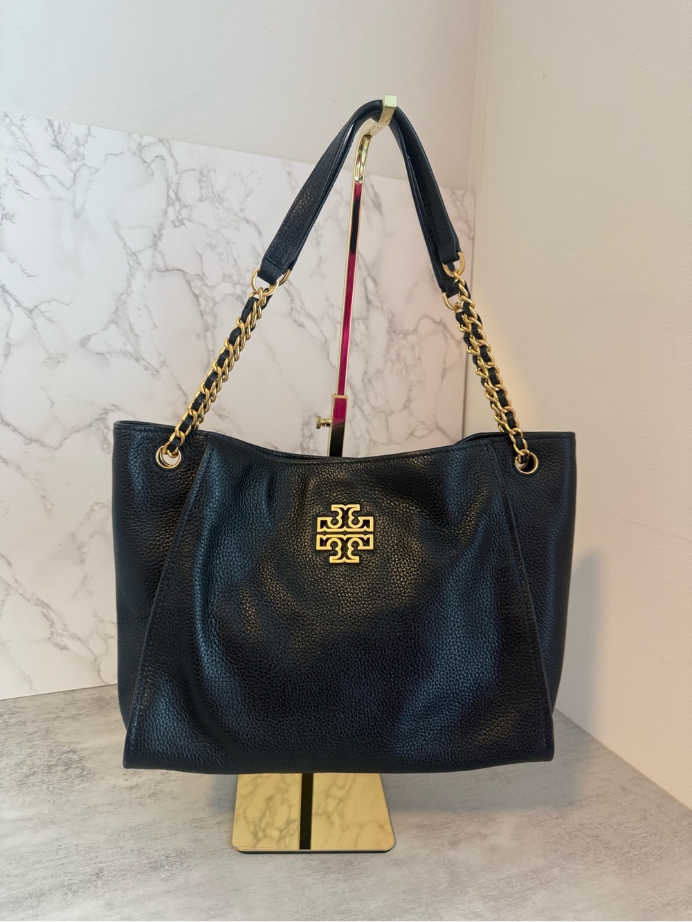Tory Burch Black Pebbled Leather Shoulder Tote with Gold Hardware